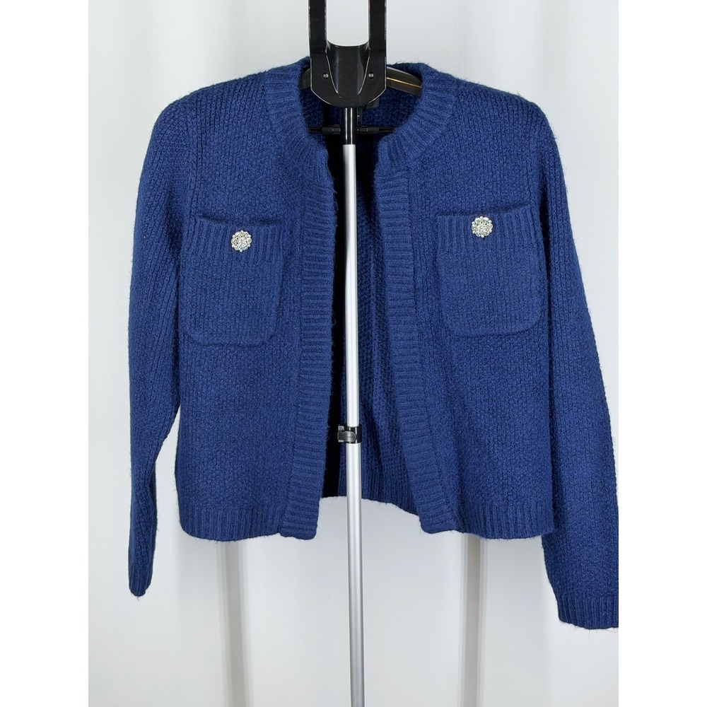 Ann Taylor Blue Textured Knit Open Front Cardigan Rhinestone Button Pocket Large